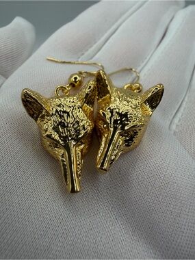 Rare Tory Burch Gold Tone Fox Head Drop Earrings Statement Animal Jewelry